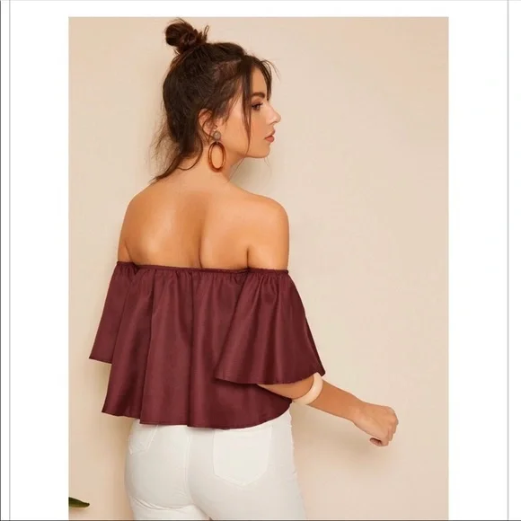 NEW Burgundy Shirred Off the Shoulder Top - Picture 3 of 5